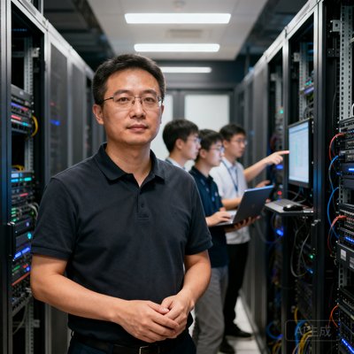 看球直播CTO李伟的个人照片，一位专注的技术专家站在服务器机柜前，展示着技术团队的工作场景