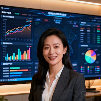 看球直播数据科学总监赵琳的个人照片，她站在数据可视化屏幕前，展示着复杂的赛事数据分析图表